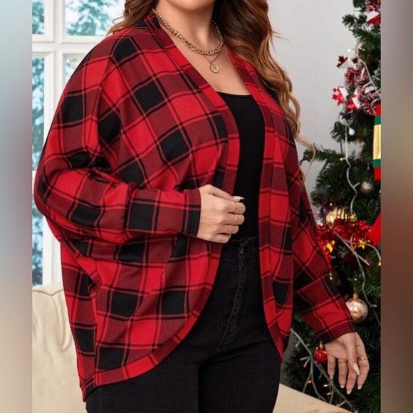 Plaid Print Batwing Sleeve Open Front Coat - Picture 3 of 6